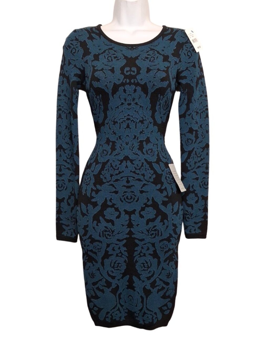 FELICITY & COCO Knit Dress Long Sleeve Black Teal Print Bodycon XSmall NWT